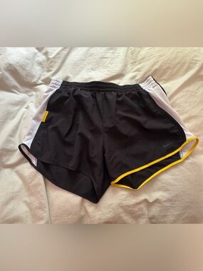 Nike Black Women's Athletic Shorts with White Panels and Yellow Trim